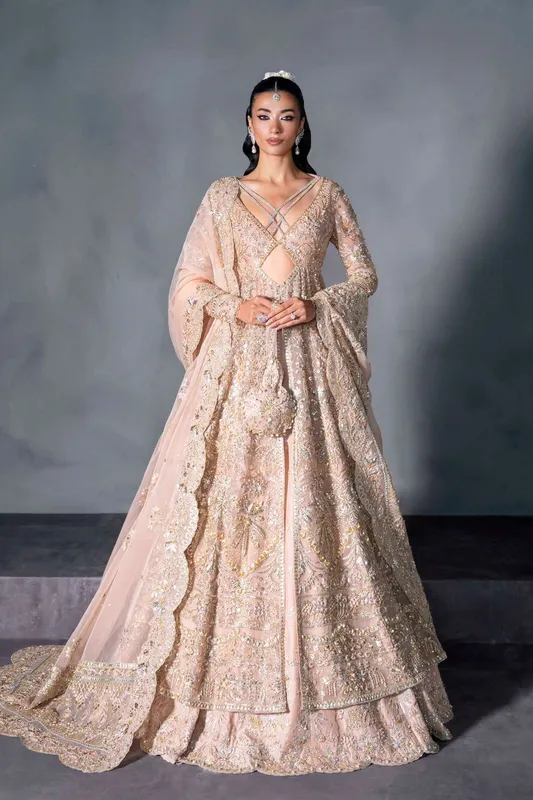 Light peach pink bridal gown with criss‑cross neckline and embroidered full sleeves – view 1 – Poshaq