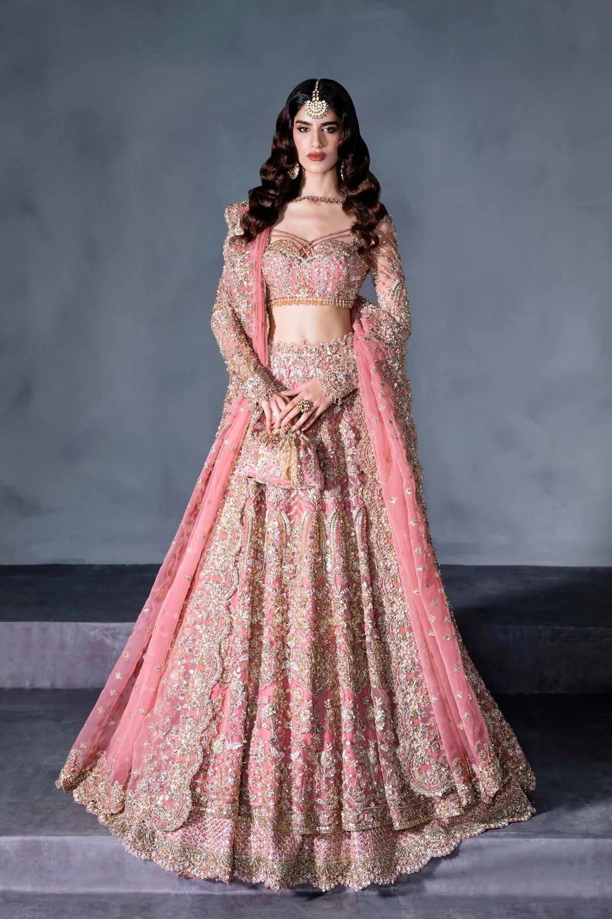 Pink embroidered bridal lehenga with full sleeves – view 1 – Poshaq