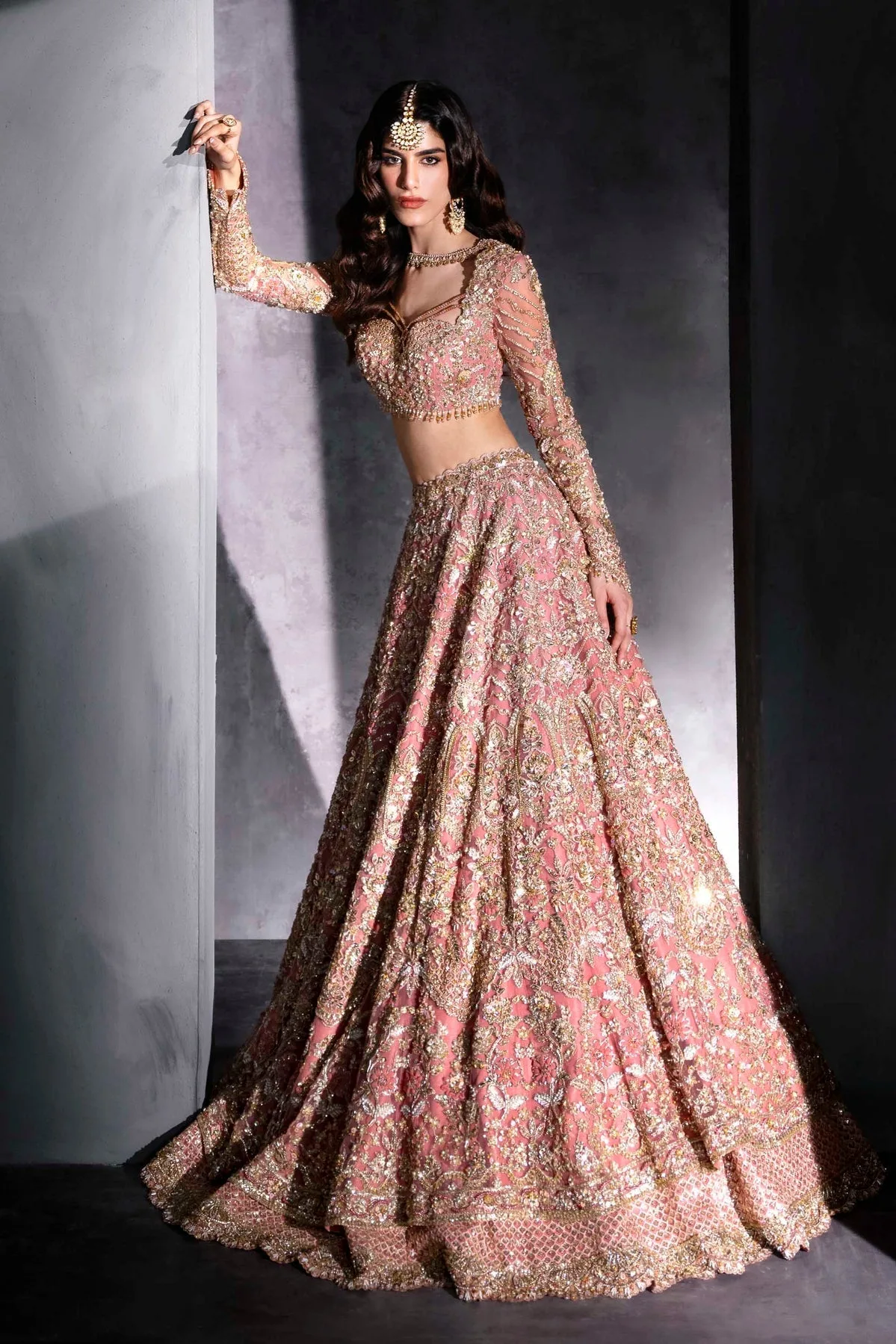 Pink embroidered bridal lehenga with full sleeves – view 2 – Poshaq