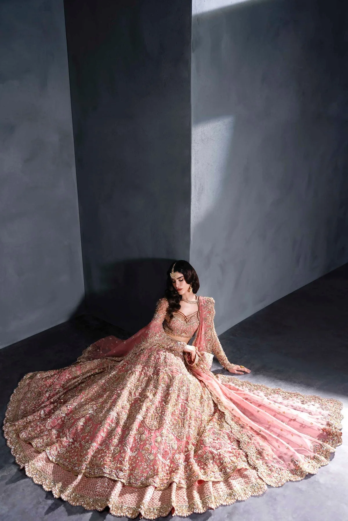 Pink embroidered bridal lehenga with full sleeves – view 4 – Poshaq
