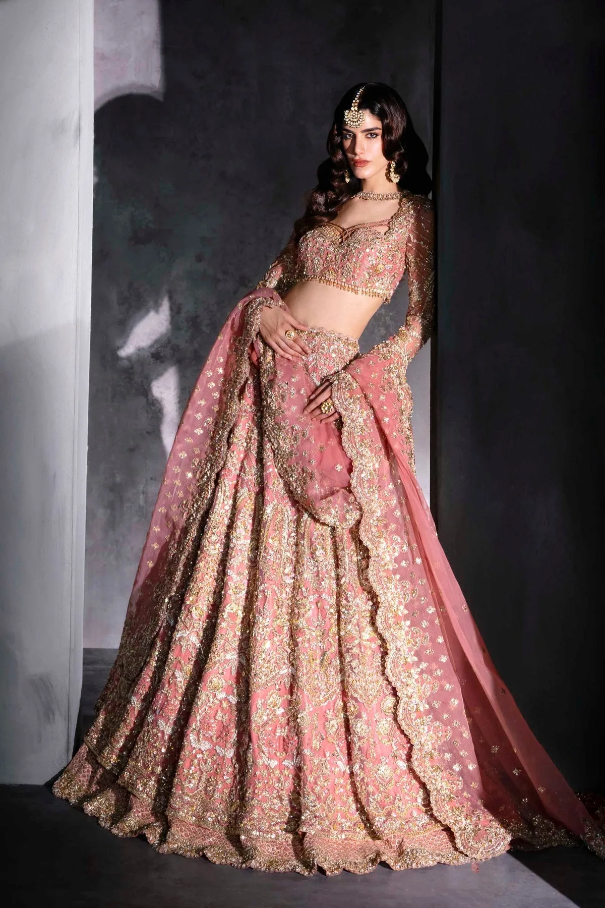 Pink embroidered bridal lehenga with full sleeves – view 5 – Poshaq