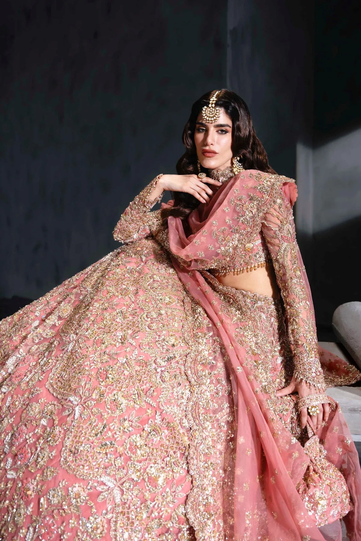 Pink embroidered bridal lehenga with full sleeves – view 6 – Poshaq