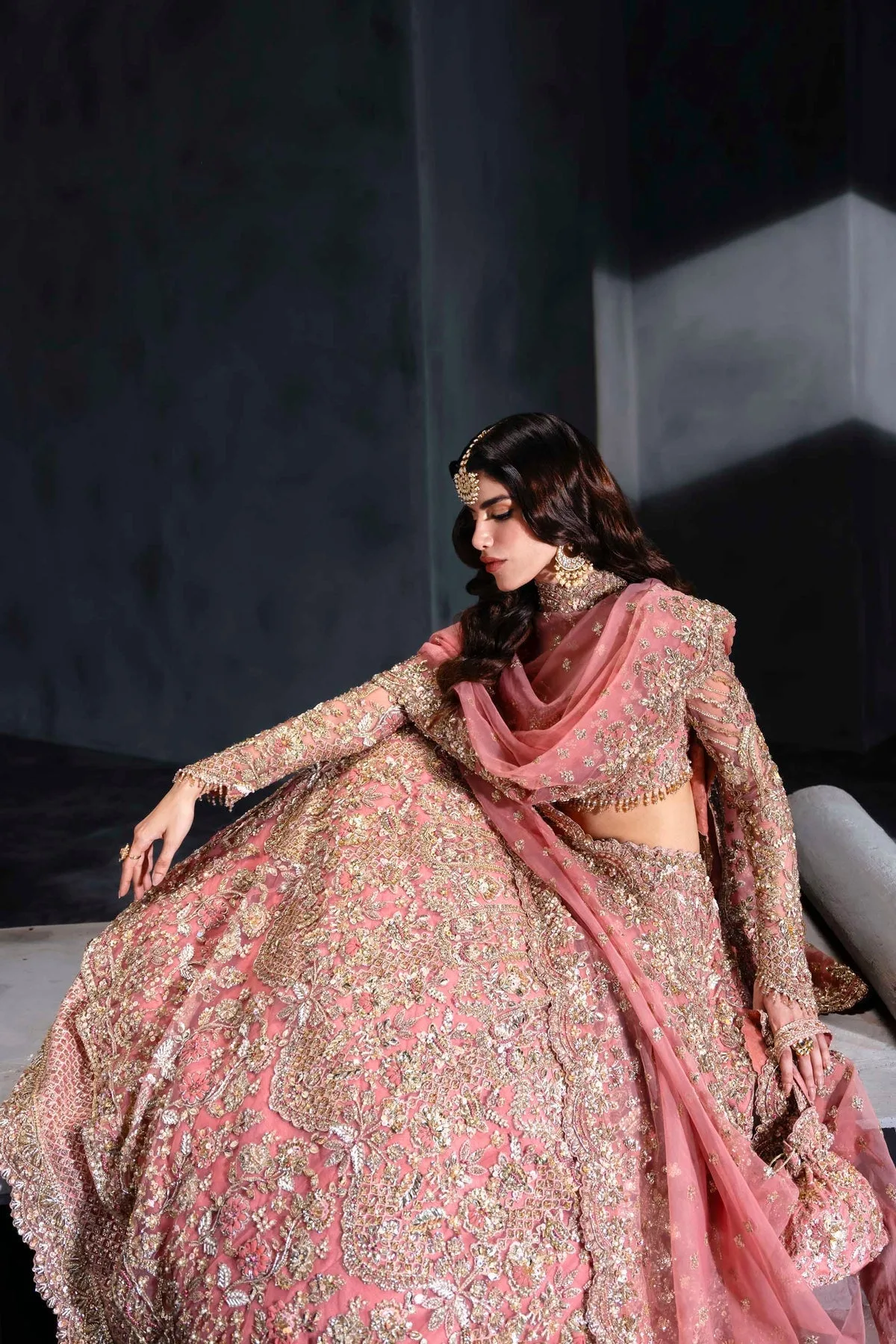 Pink embroidered bridal lehenga with full sleeves – view 7 – Poshaq