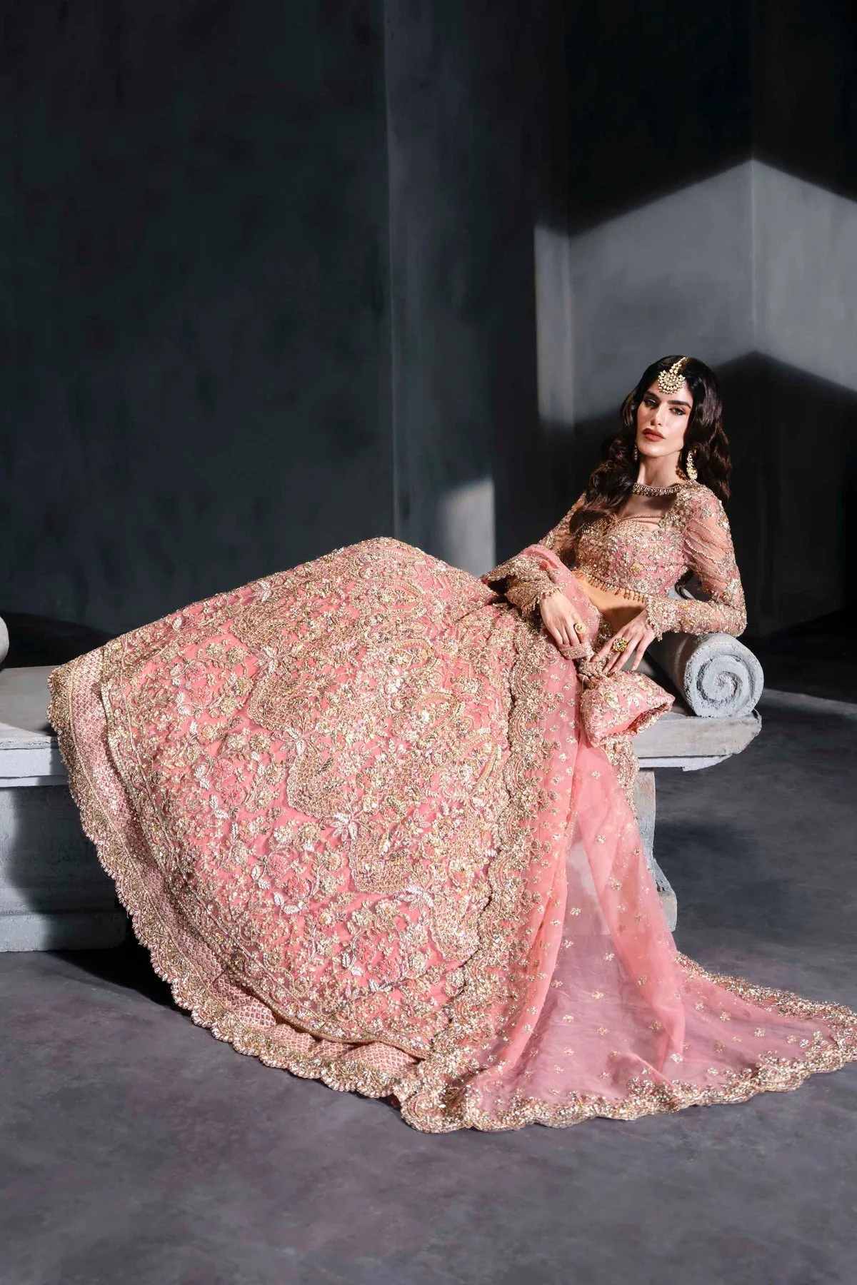 Pink embroidered bridal lehenga with full sleeves – view 8 – Poshaq
