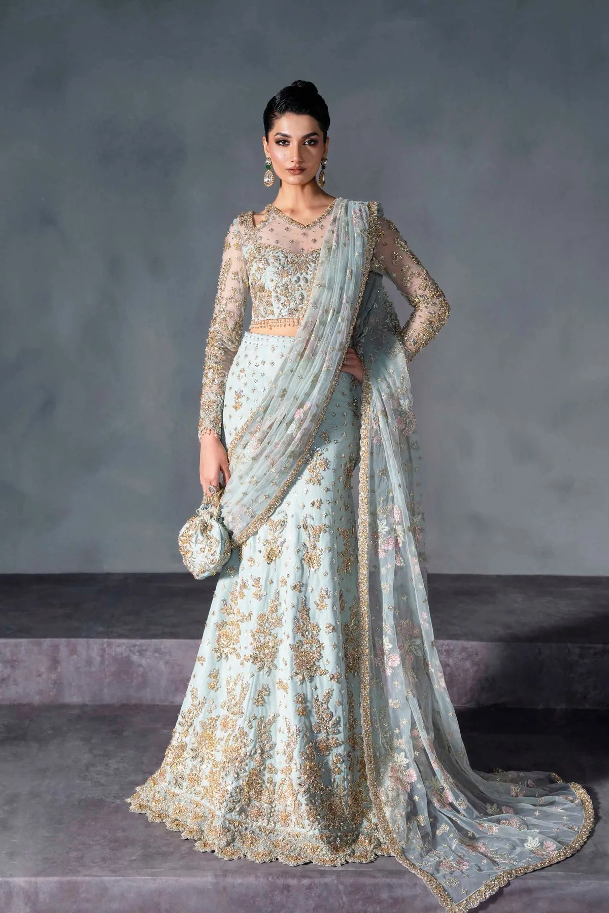 Ferozi Mint net bridal lehenga with delicate embroidery – view 1 – Poshaq