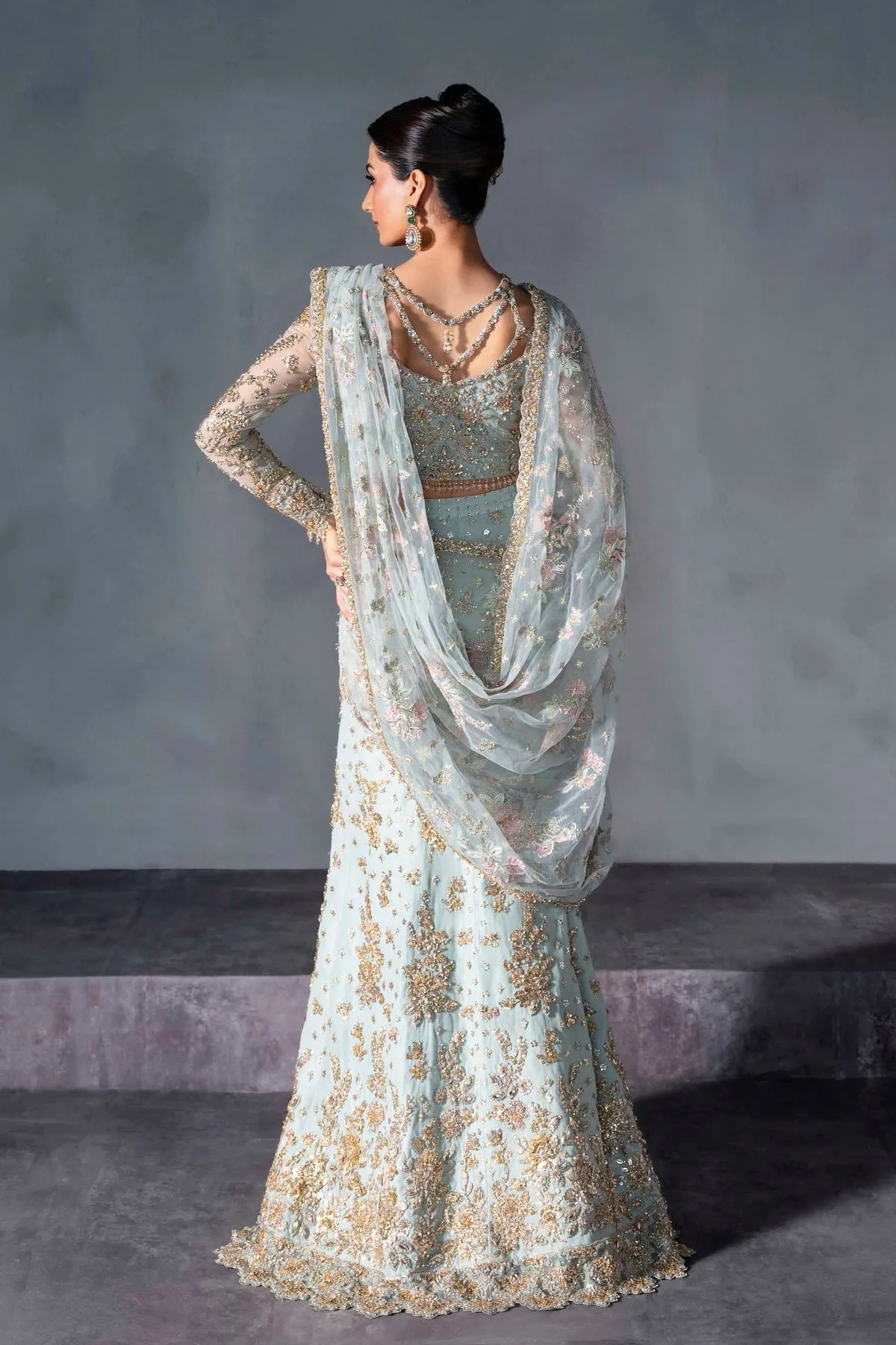 Ferozi Mint net bridal lehenga with delicate embroidery – view 2 – Poshaq