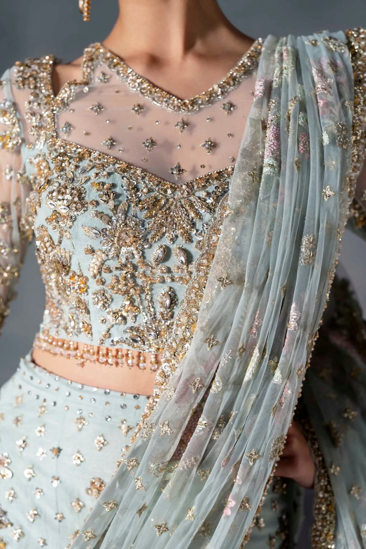 Ferozi Mint net bridal lehenga with delicate embroidery – view 3 – Poshaq
