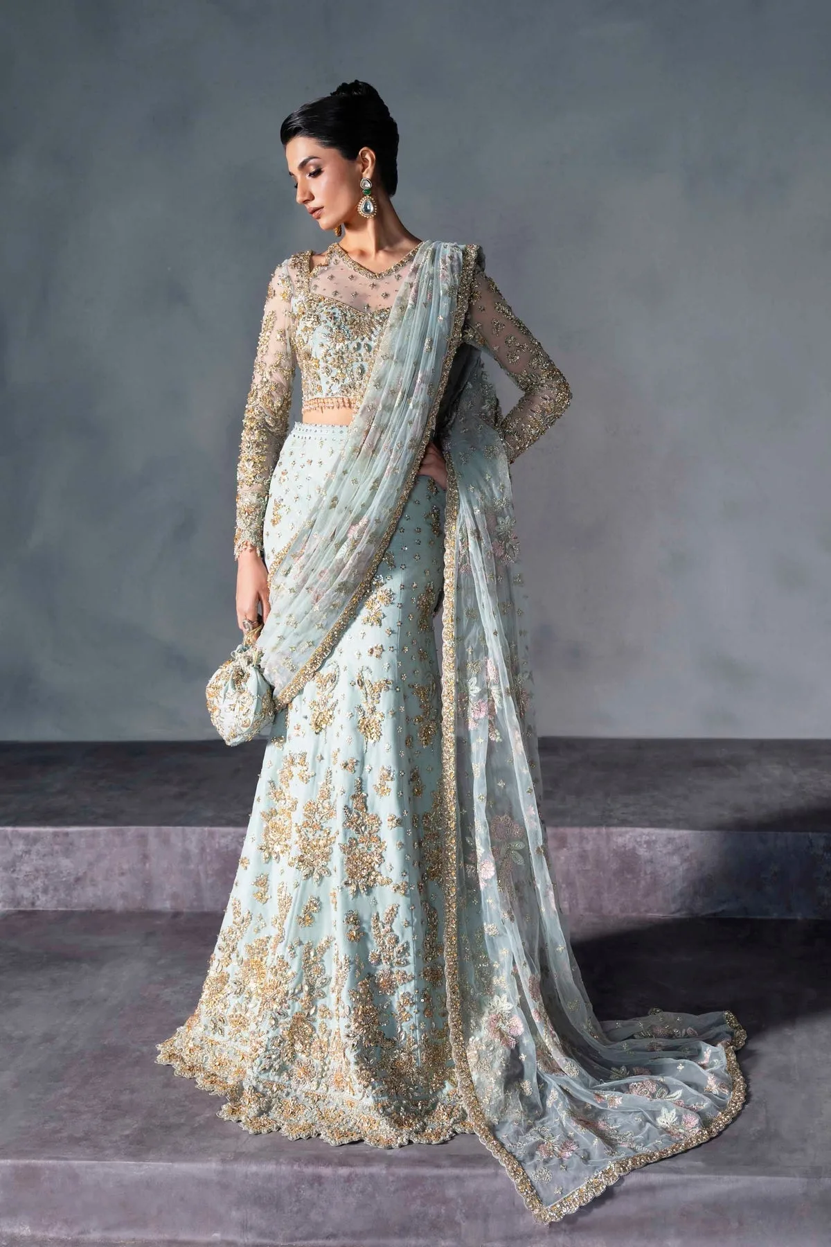 Ferozi Mint net bridal lehenga with delicate embroidery – view 4 – Poshaq