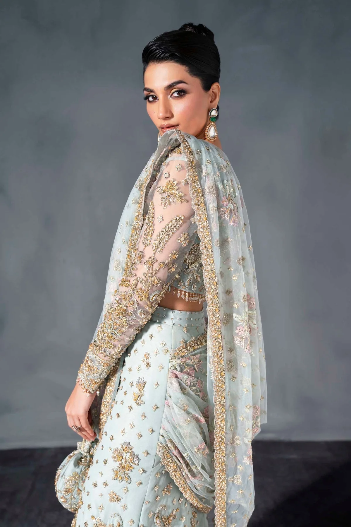 Ferozi Mint net bridal lehenga with delicate embroidery – view 5 – Poshaq