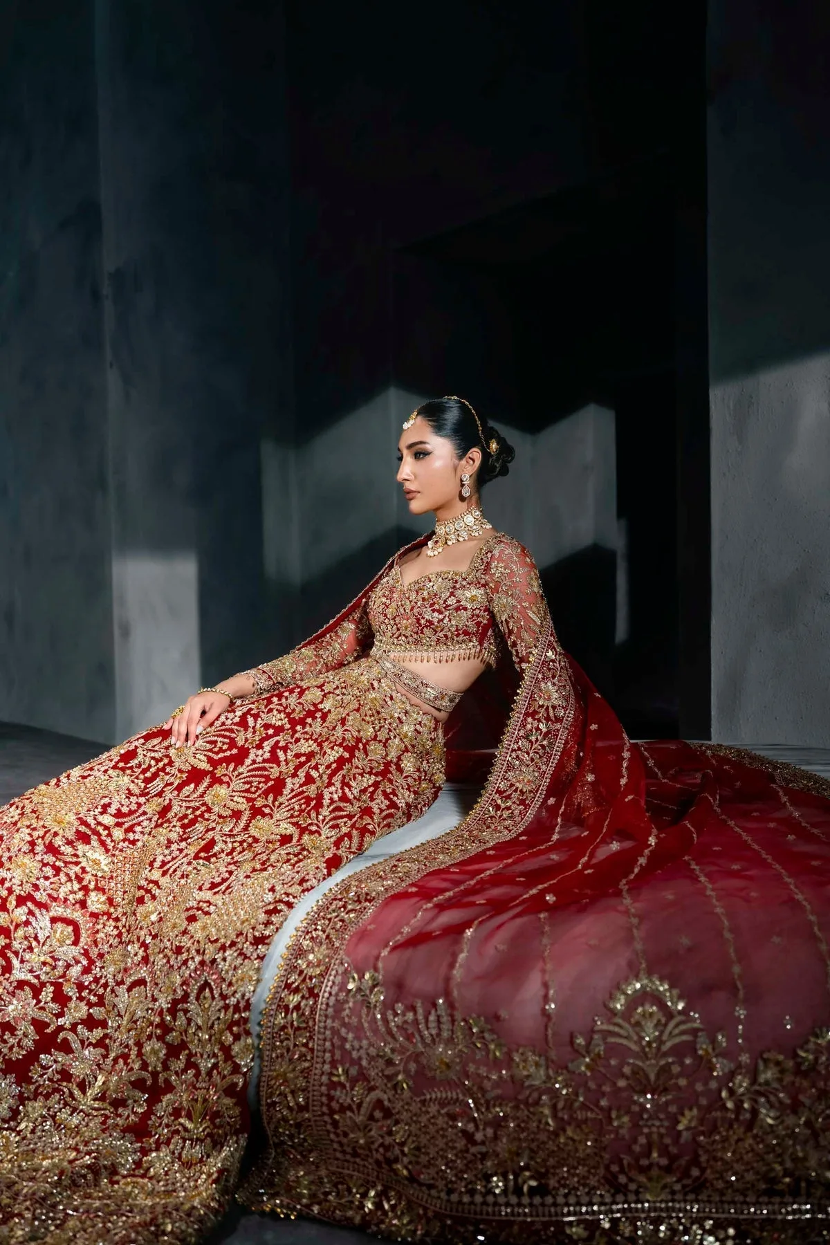 Red bridal lehenga with gold embroidery, sweetheart neckline and full sleeves – view 4 – Poshaq