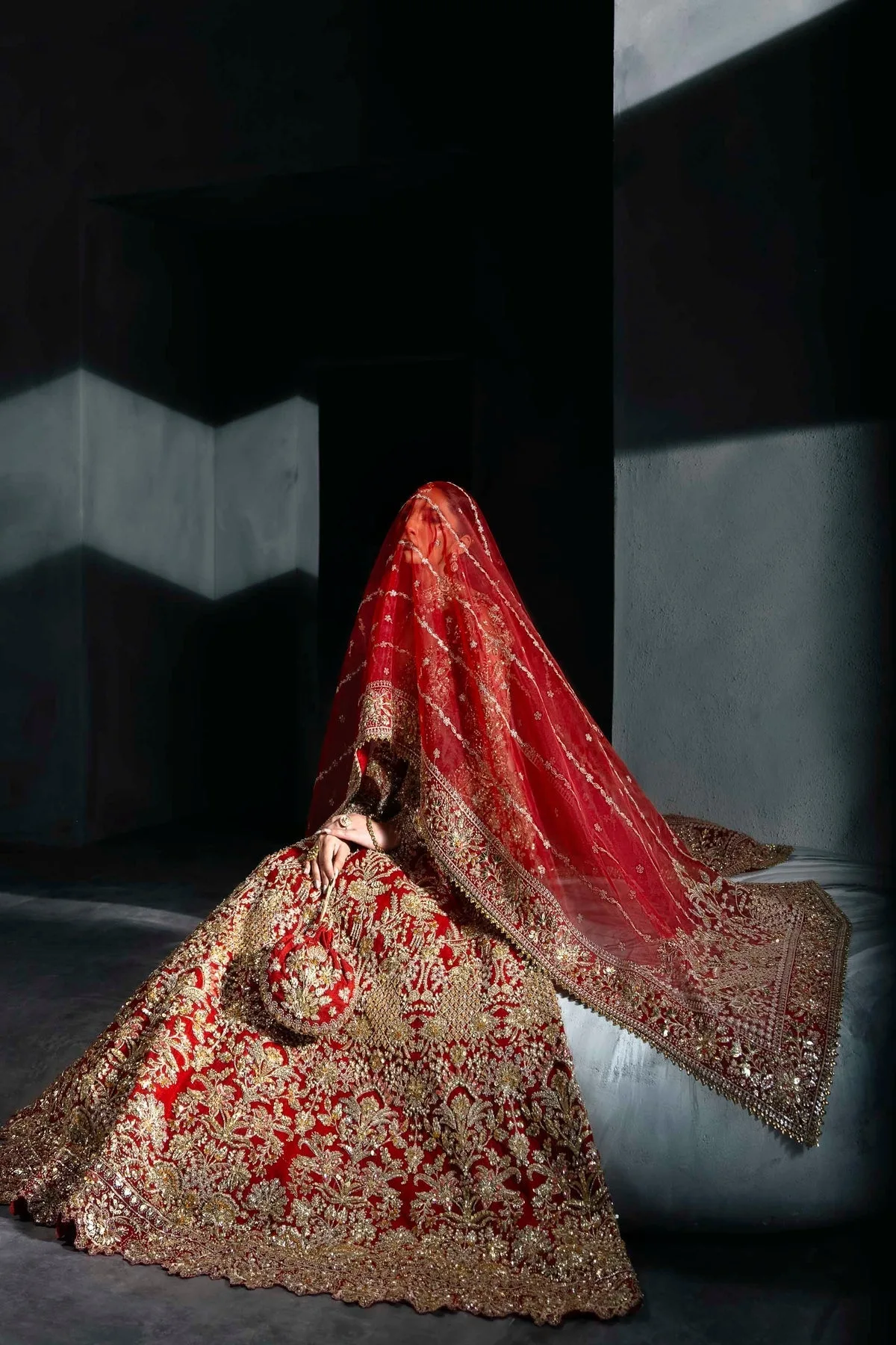 Red bridal lehenga with gold embroidery, sweetheart neckline and full sleeves – view 5 – Poshaq