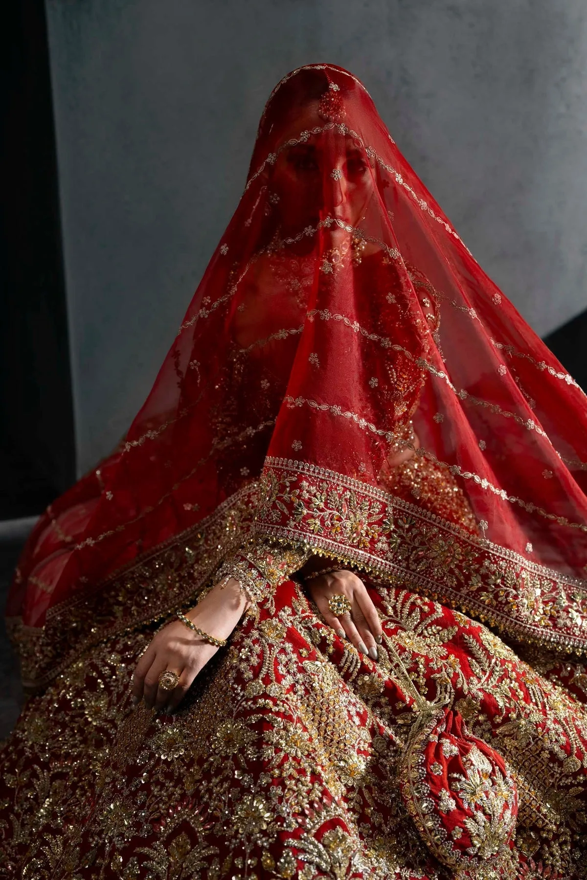 Red bridal lehenga with gold embroidery, sweetheart neckline and full sleeves – view 6 – Poshaq