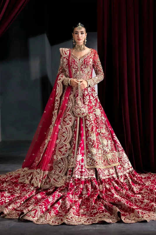 Crimson lehenga with gold embroidery, fitted bodice and layered skirt – view 1 – Poshaq