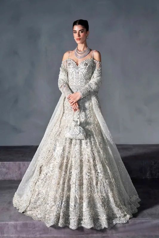 Silver off‑shoulder bridal dress with full net skirt – view 1 – Poshaq