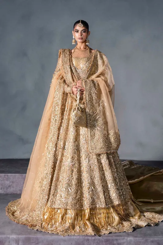 Gold silk bridal lehenga with ornate embroidery – view 1 – Poshaq