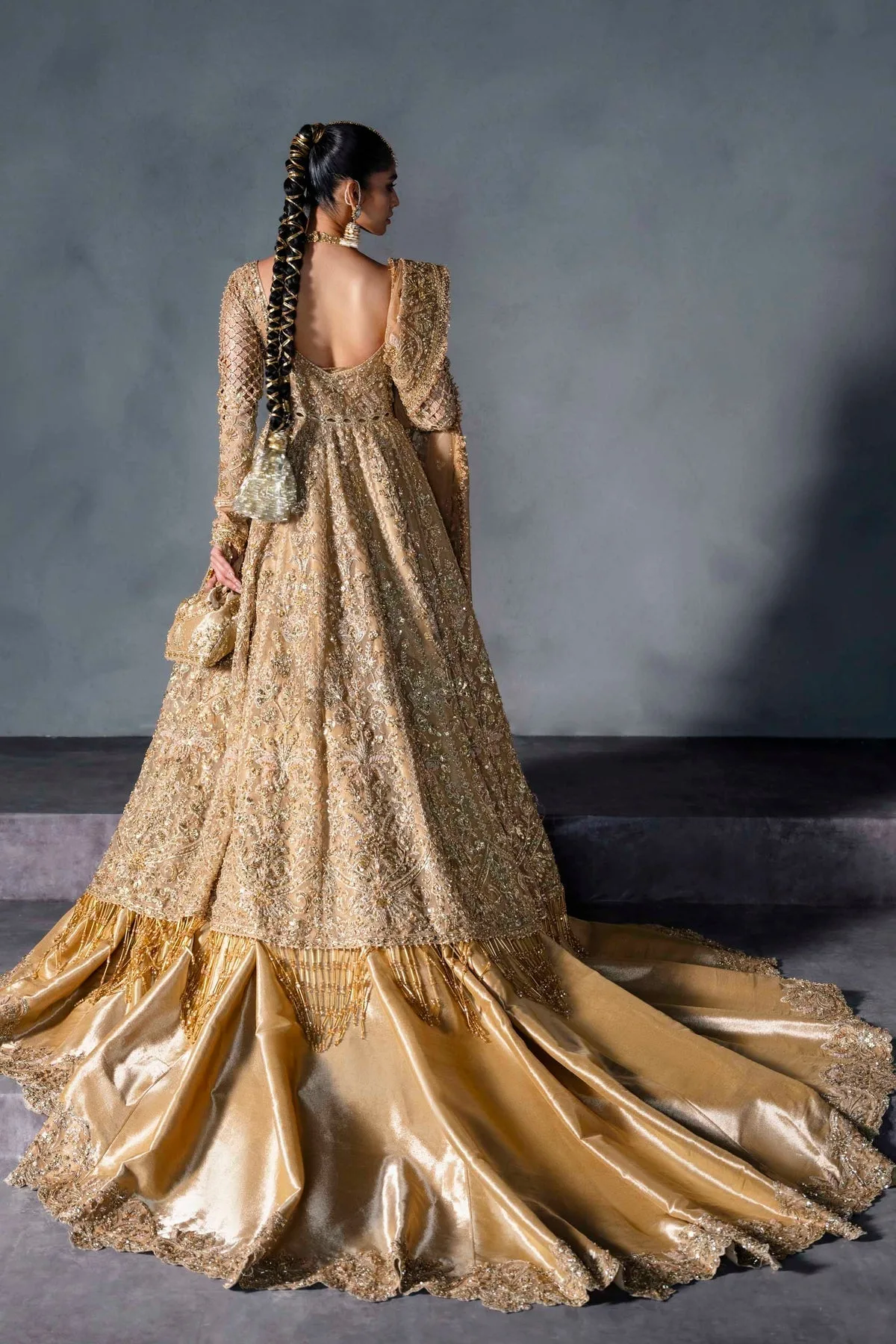 Gold silk bridal lehenga with ornate embroidery – view 2 – Poshaq