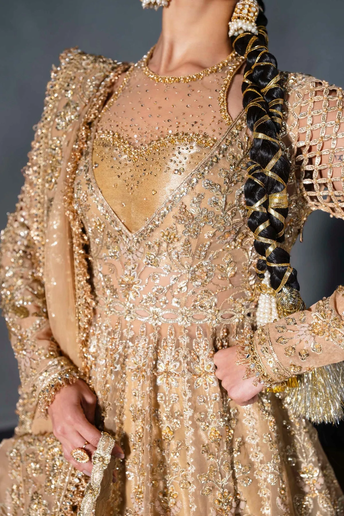 Gold silk bridal lehenga with ornate embroidery – view 3 – Poshaq