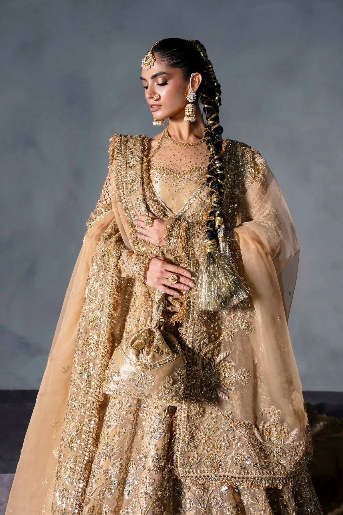 Gold silk bridal lehenga with ornate embroidery – view 5 – Poshaq