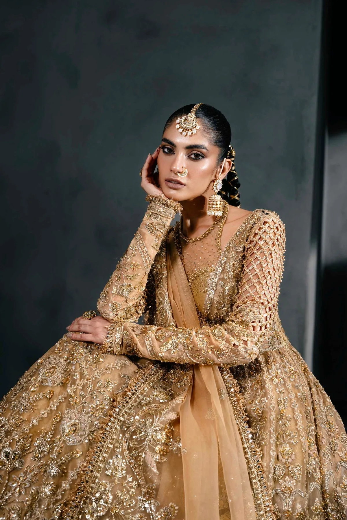 Gold silk bridal lehenga with ornate embroidery – view 6 – Poshaq