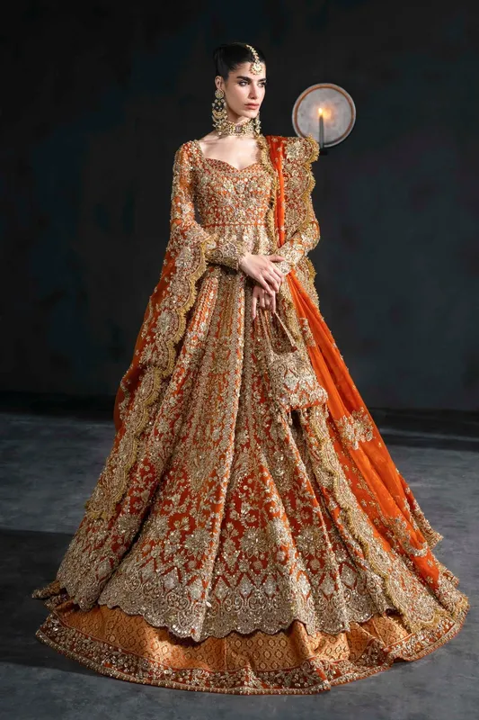 Vibrant Tangerine bridal lehenga with gold embroidery and full sleeves – view 1 – Poshaq