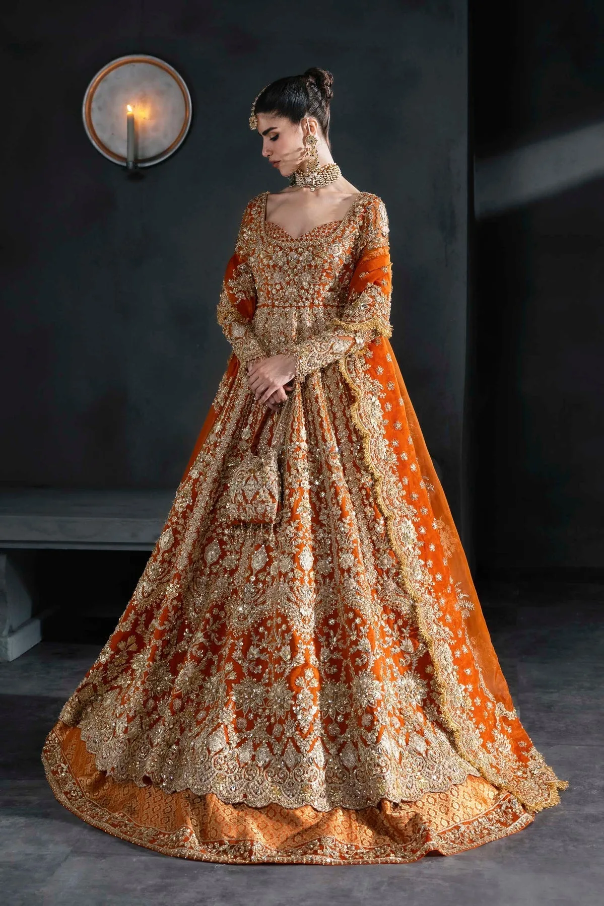 Vibrant Tangerine bridal lehenga with gold embroidery and full sleeves – view 2 – Poshaq
