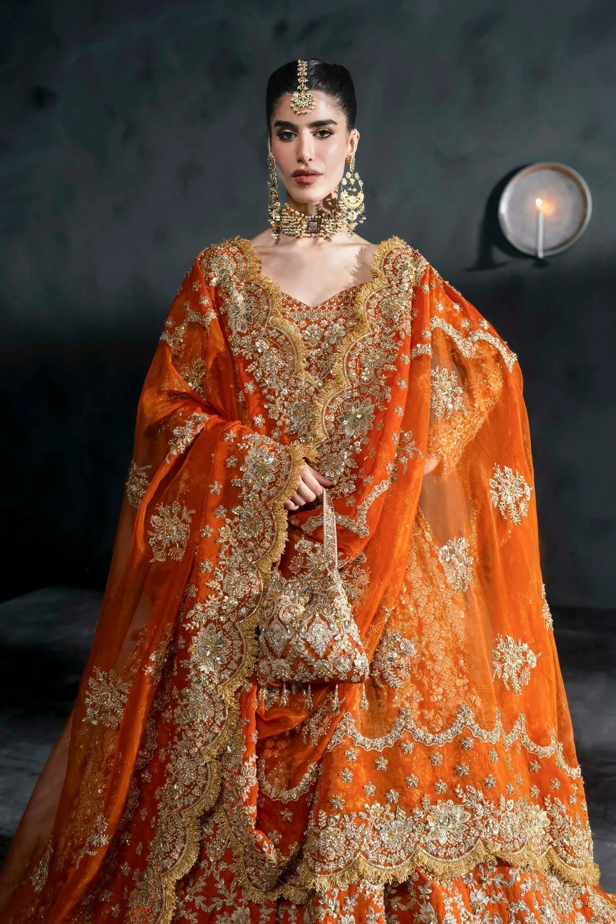 Vibrant Tangerine bridal lehenga with gold embroidery and full sleeves – view 3 – Poshaq