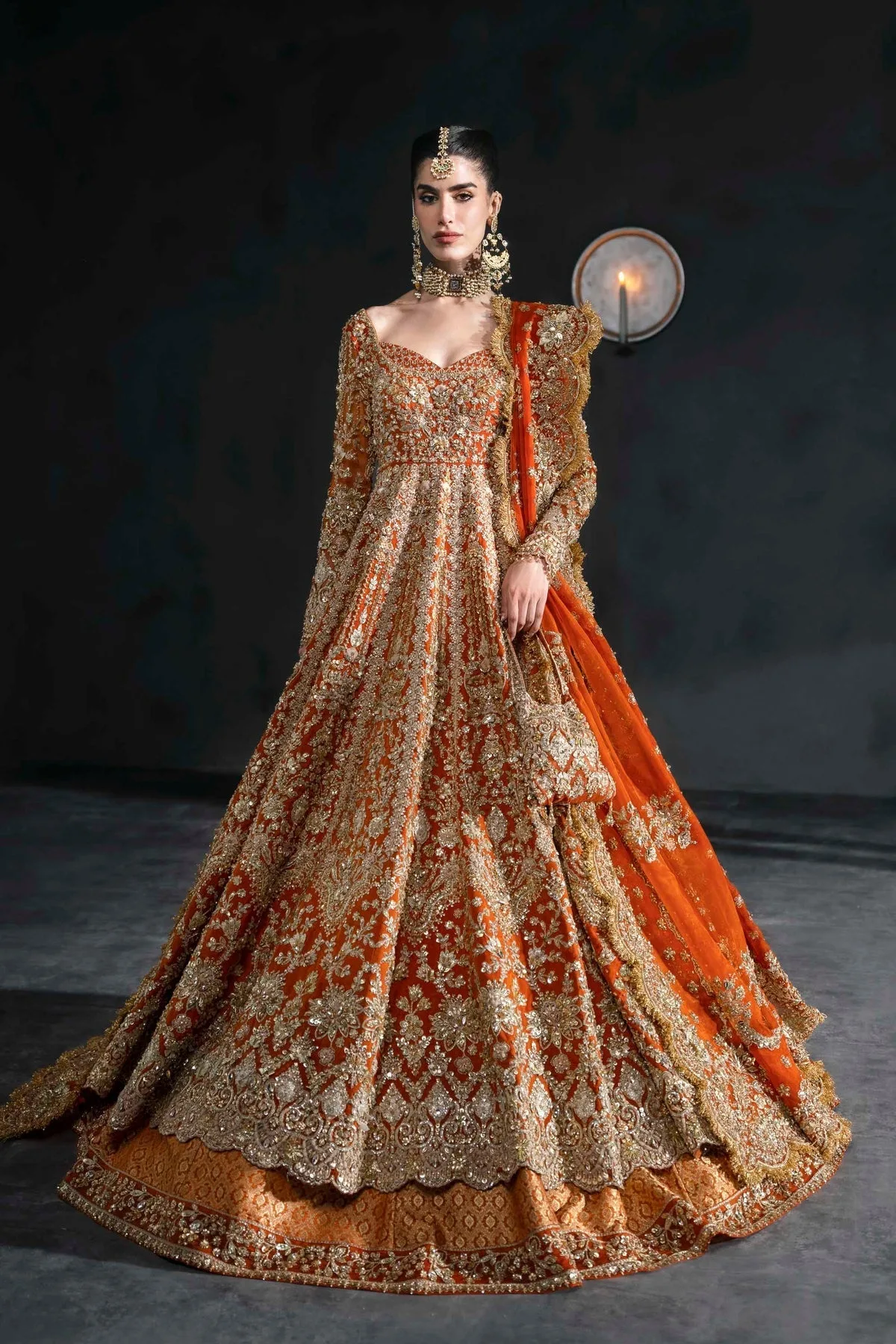 Vibrant Tangerine bridal lehenga with gold embroidery and full sleeves – view 4 – Poshaq
