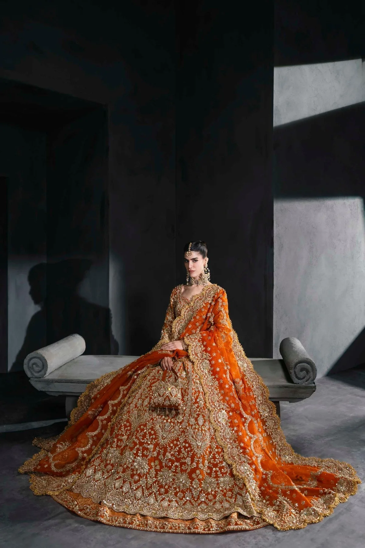 Vibrant Tangerine bridal lehenga with gold embroidery and full sleeves – view 7 – Poshaq