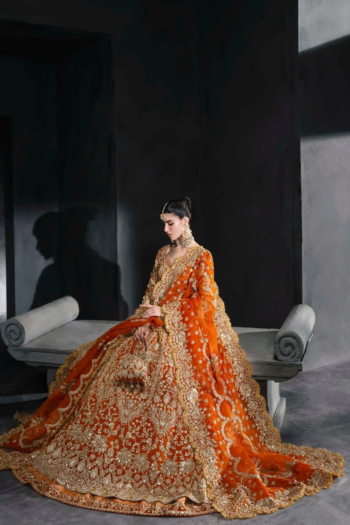 Vibrant Tangerine bridal lehenga with gold embroidery and full sleeves – view 8 – Poshaq