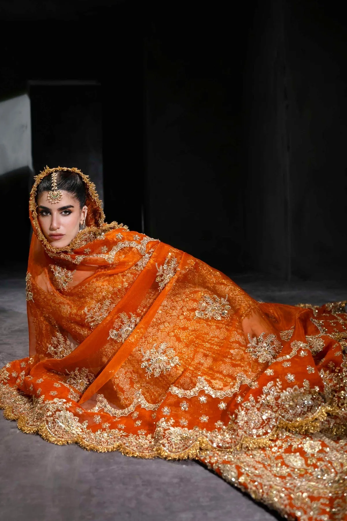 Vibrant Tangerine bridal lehenga with gold embroidery and full sleeves – view 9 – Poshaq