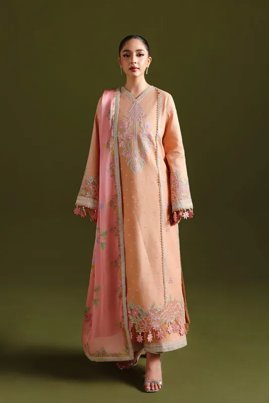 Pale peach long shirt with silk dupatta and cotton trouser – Akbar Aslam lawn suit – view 1 – Poshaq