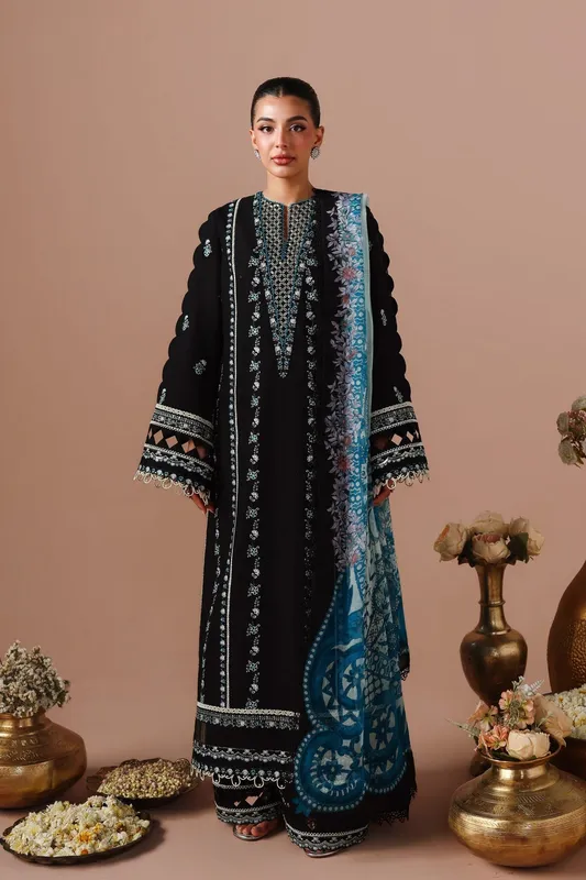 Black lawn shirt with silk dupatta and cotton trousers – view 1 – Poshaq
