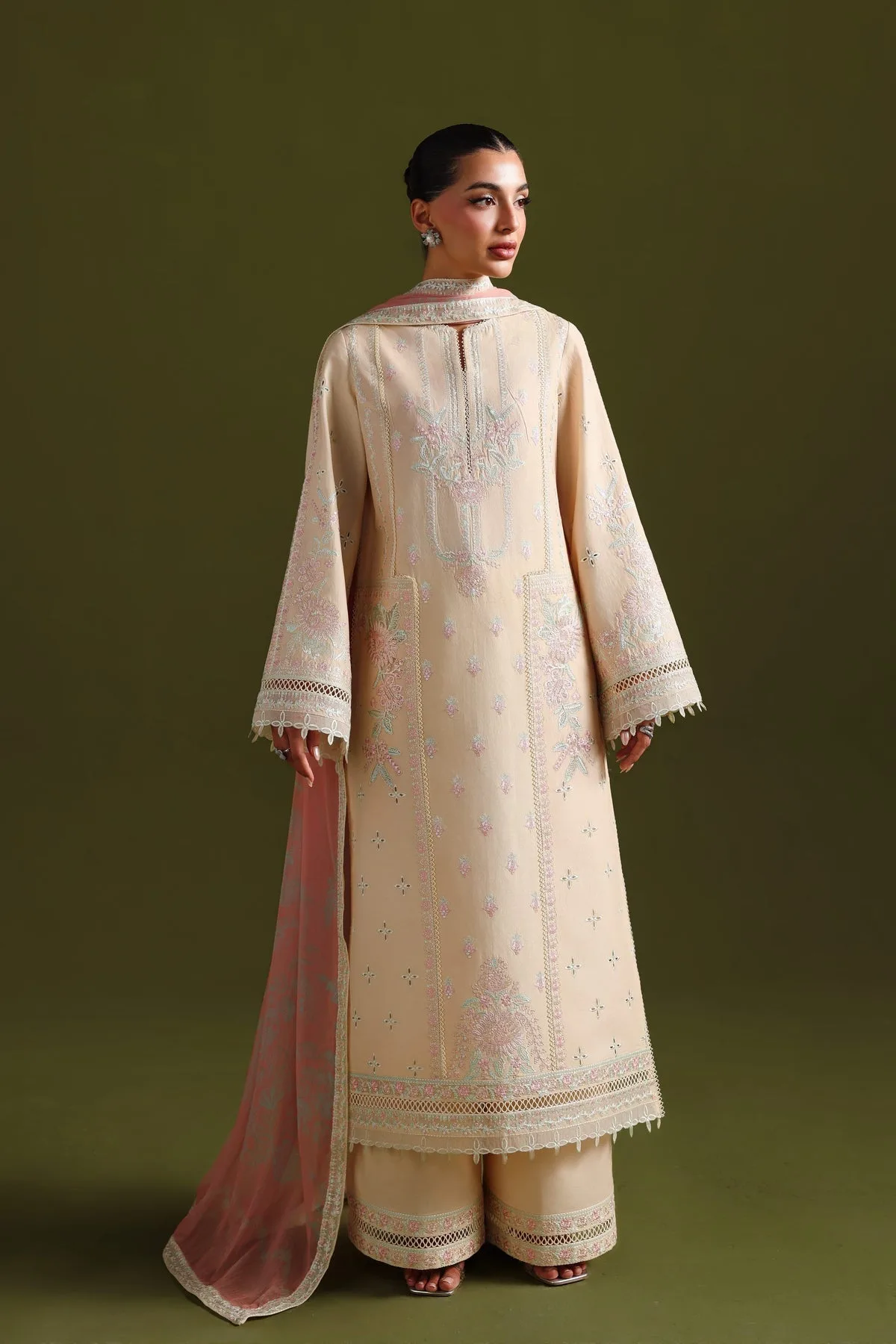 Ivory Gold lawn long shirt with subtle sheen – view 1 – Poshaq