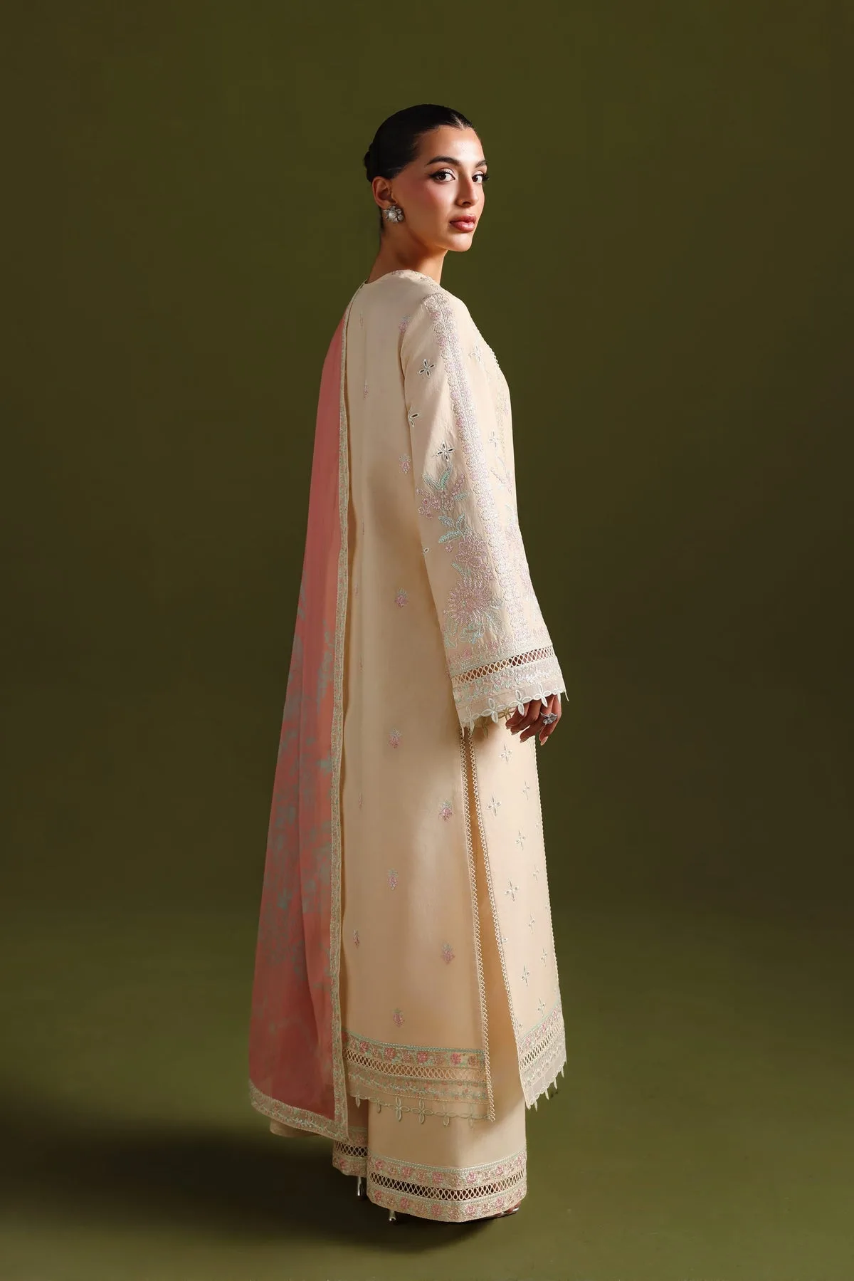 Ivory Gold lawn long shirt with subtle sheen – view 2 – Poshaq