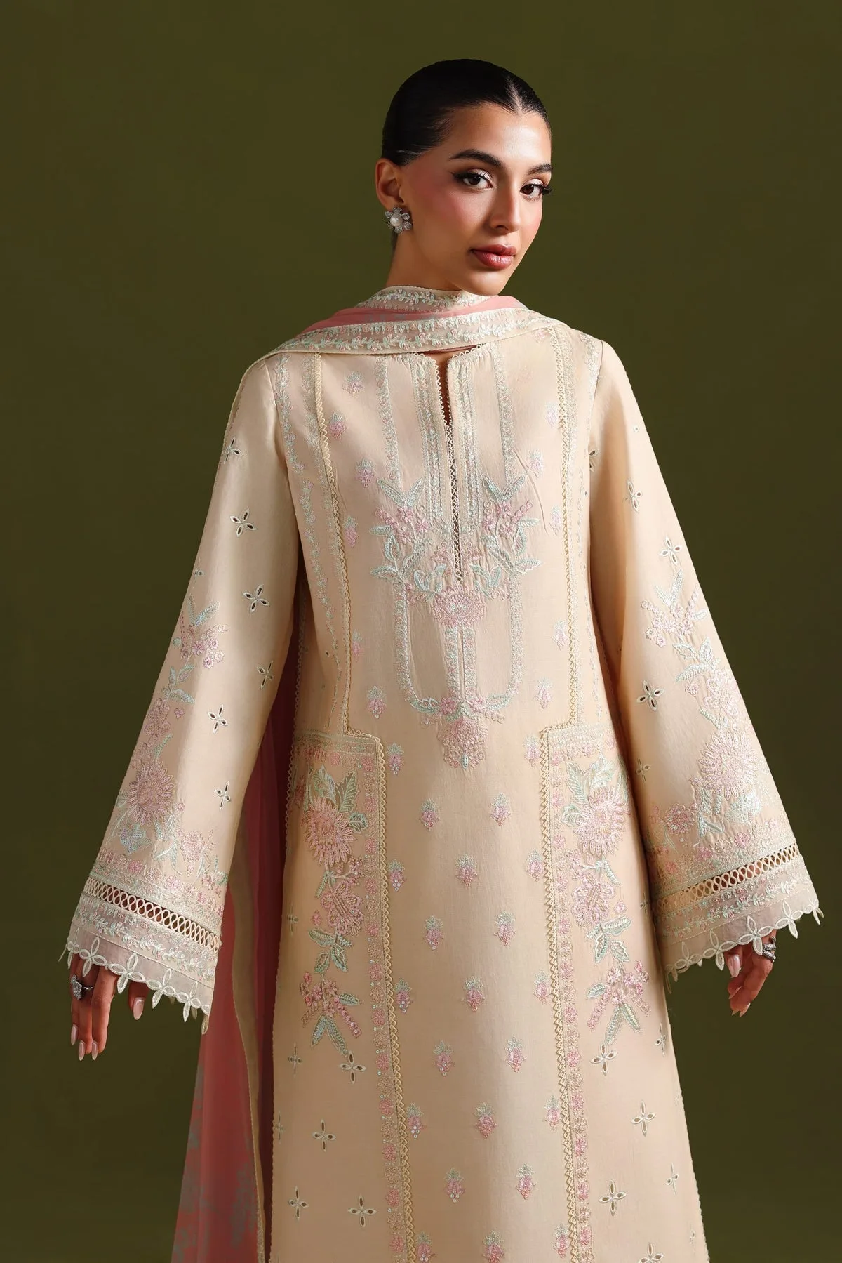 Ivory Gold lawn long shirt with subtle sheen – view 3 – Poshaq