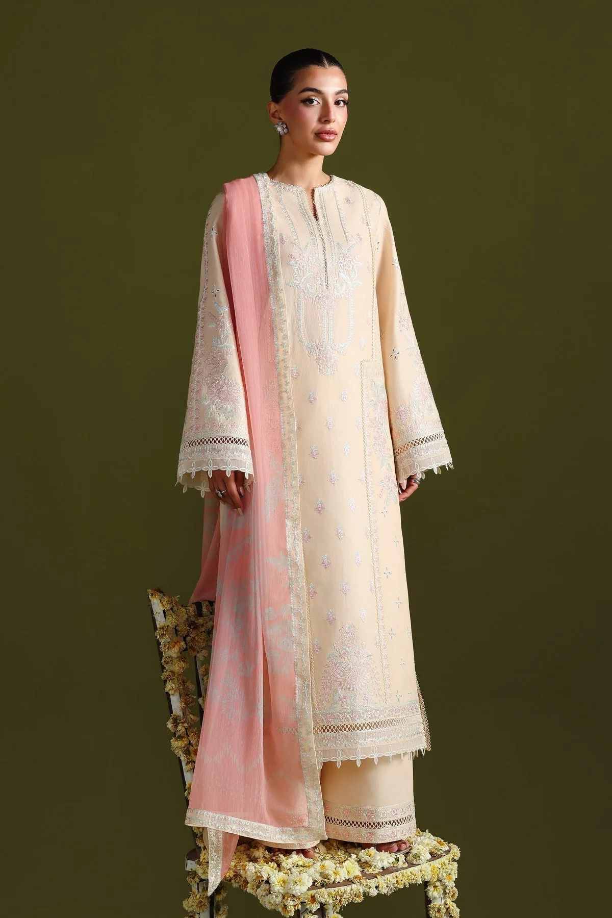Ivory Gold lawn long shirt with subtle sheen – view 4 – Poshaq
