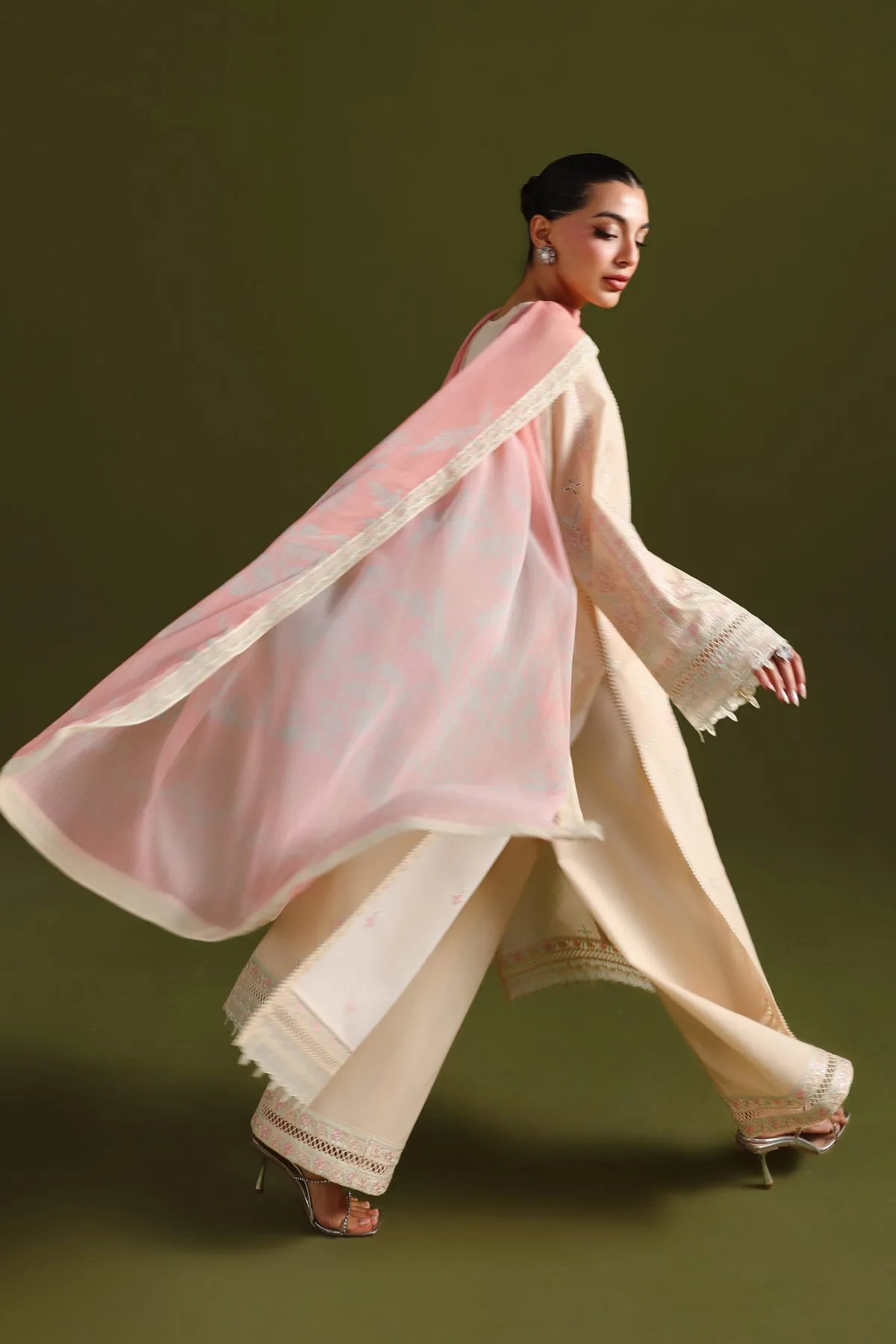 Ivory Gold lawn long shirt with subtle sheen – view 5 – Poshaq
