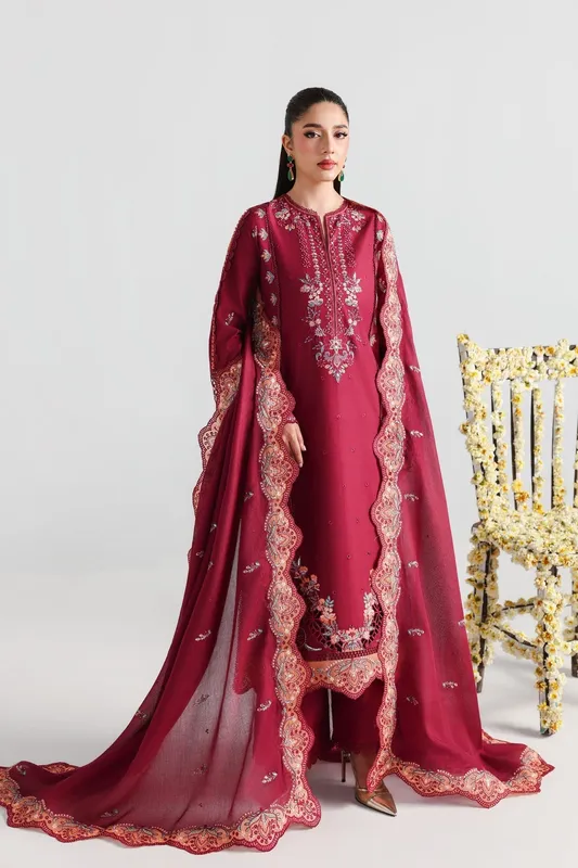 Maroon three‑piece lawn suit with embroidered shirt and dupatta – view 1 – Poshaq