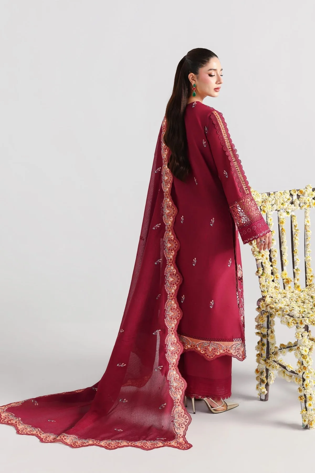 Maroon three‑piece lawn suit with embroidered shirt and dupatta – view 2 – Poshaq