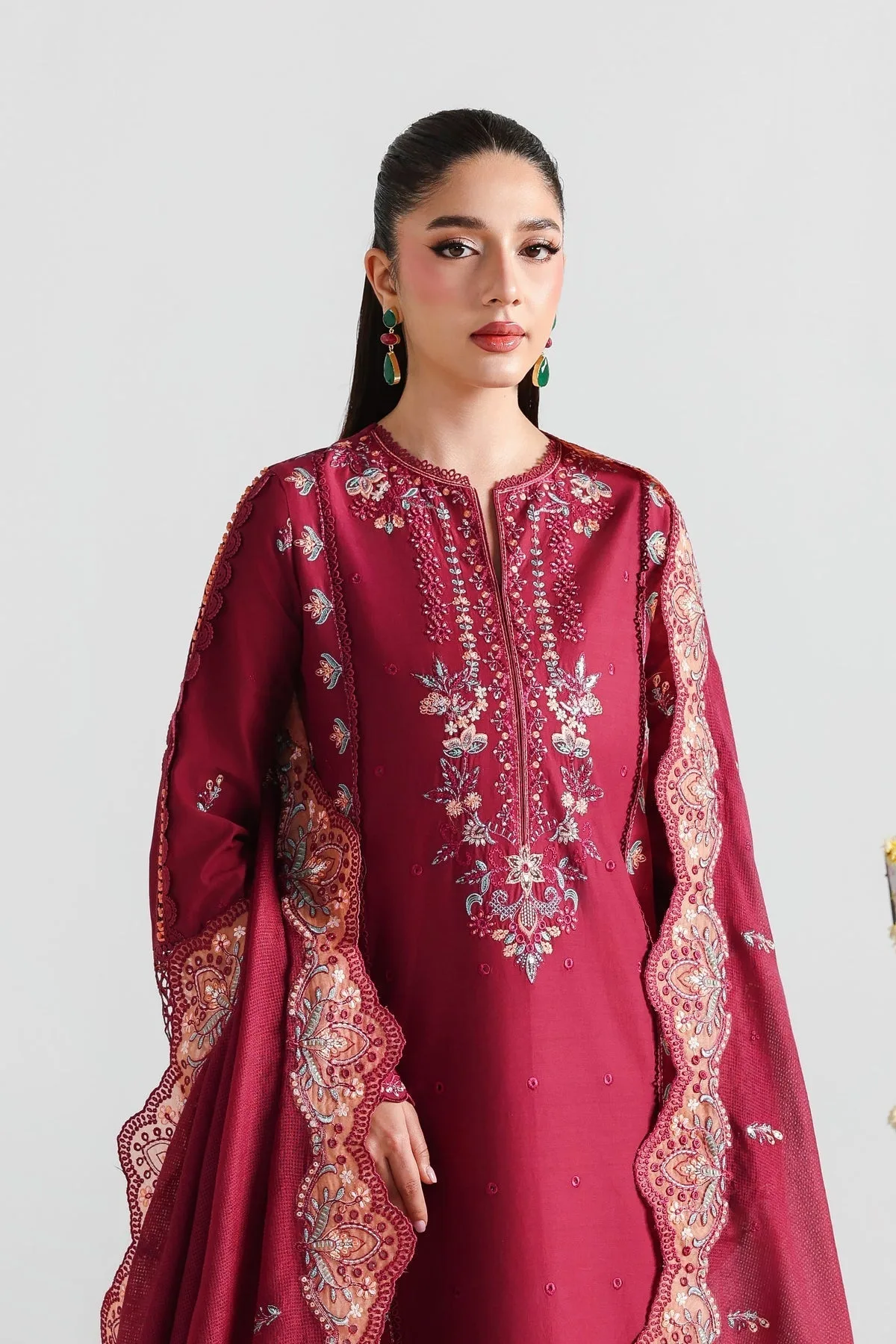 Maroon three‑piece lawn suit with embroidered shirt and dupatta – view 3 – Poshaq