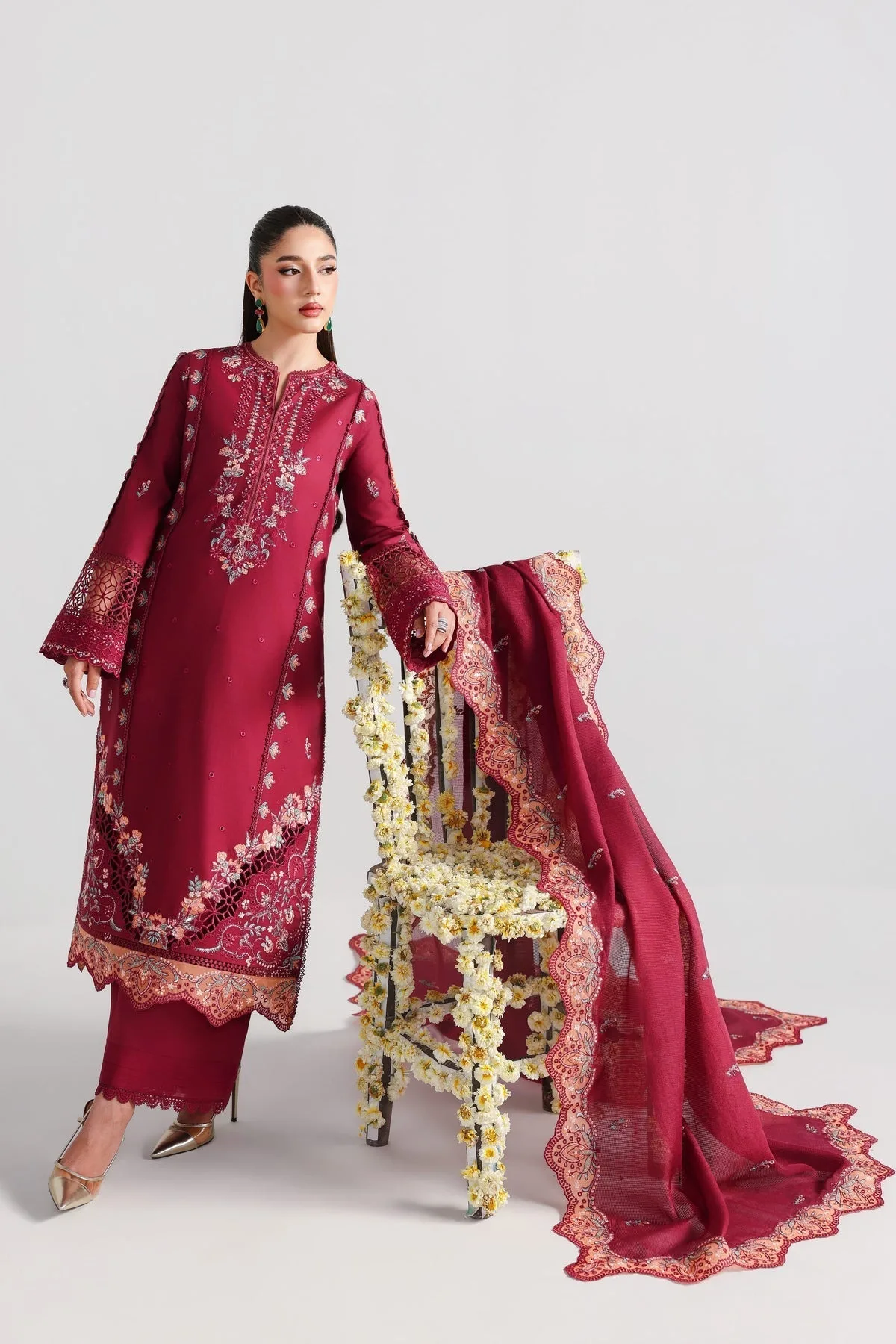 Maroon three‑piece lawn suit with embroidered shirt and dupatta – view 4 – Poshaq