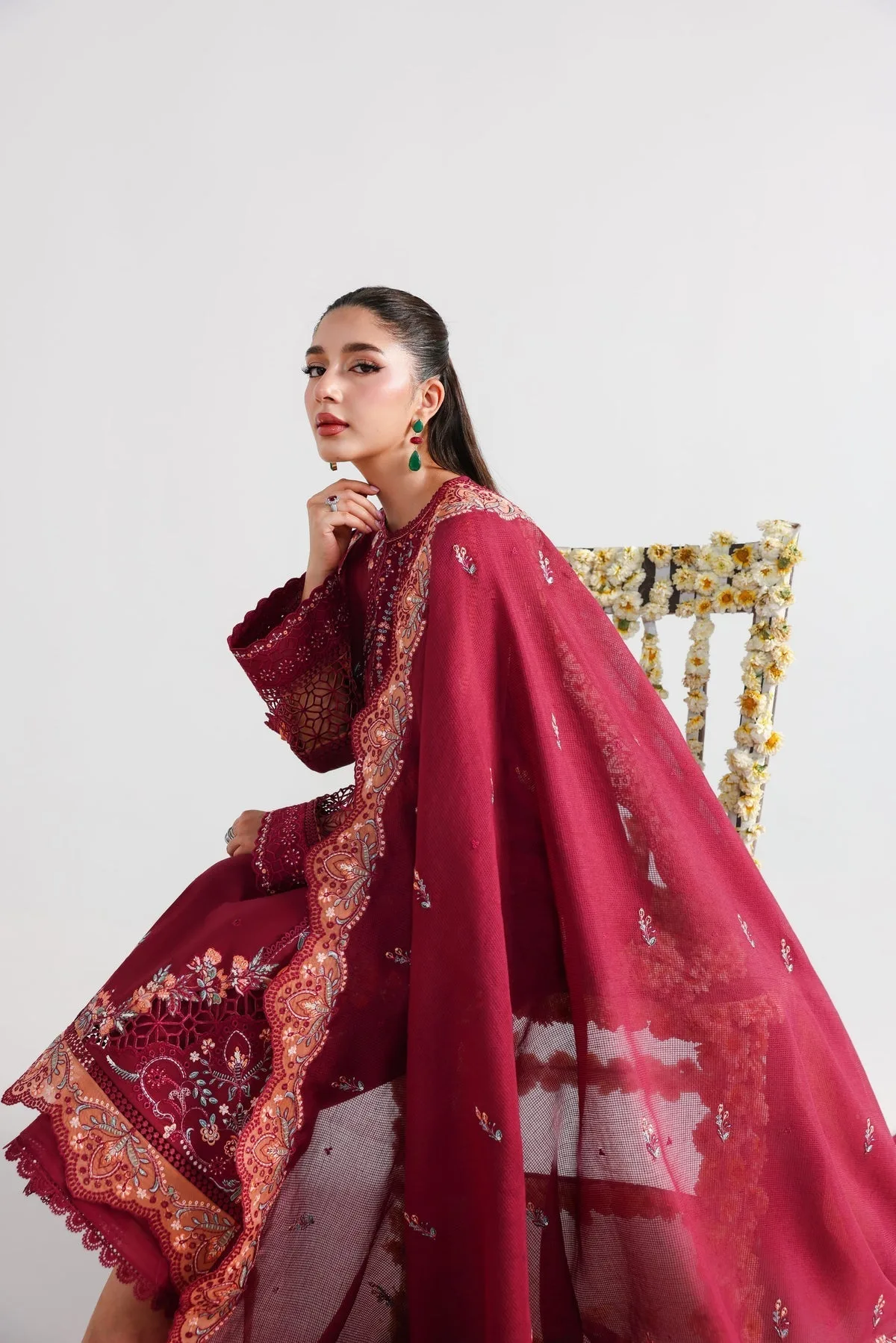 Maroon three‑piece lawn suit with embroidered shirt and dupatta – view 5 – Poshaq