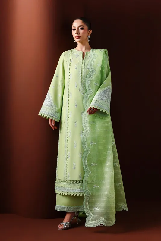 Apple green embroidered lawn shirt with organza dupatta – view 1 – Poshaq