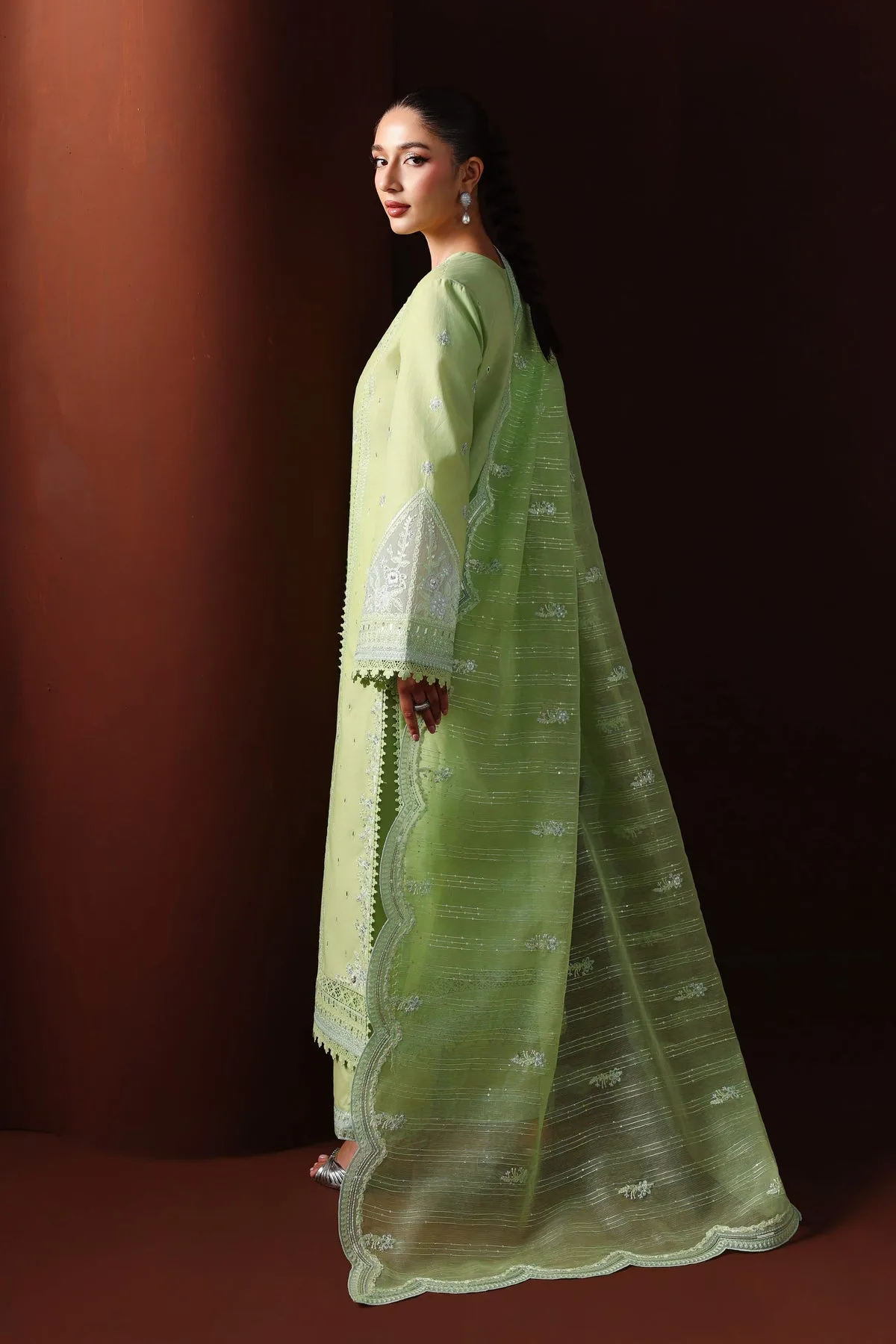 Apple green embroidered lawn shirt with organza dupatta – view 2 – Poshaq