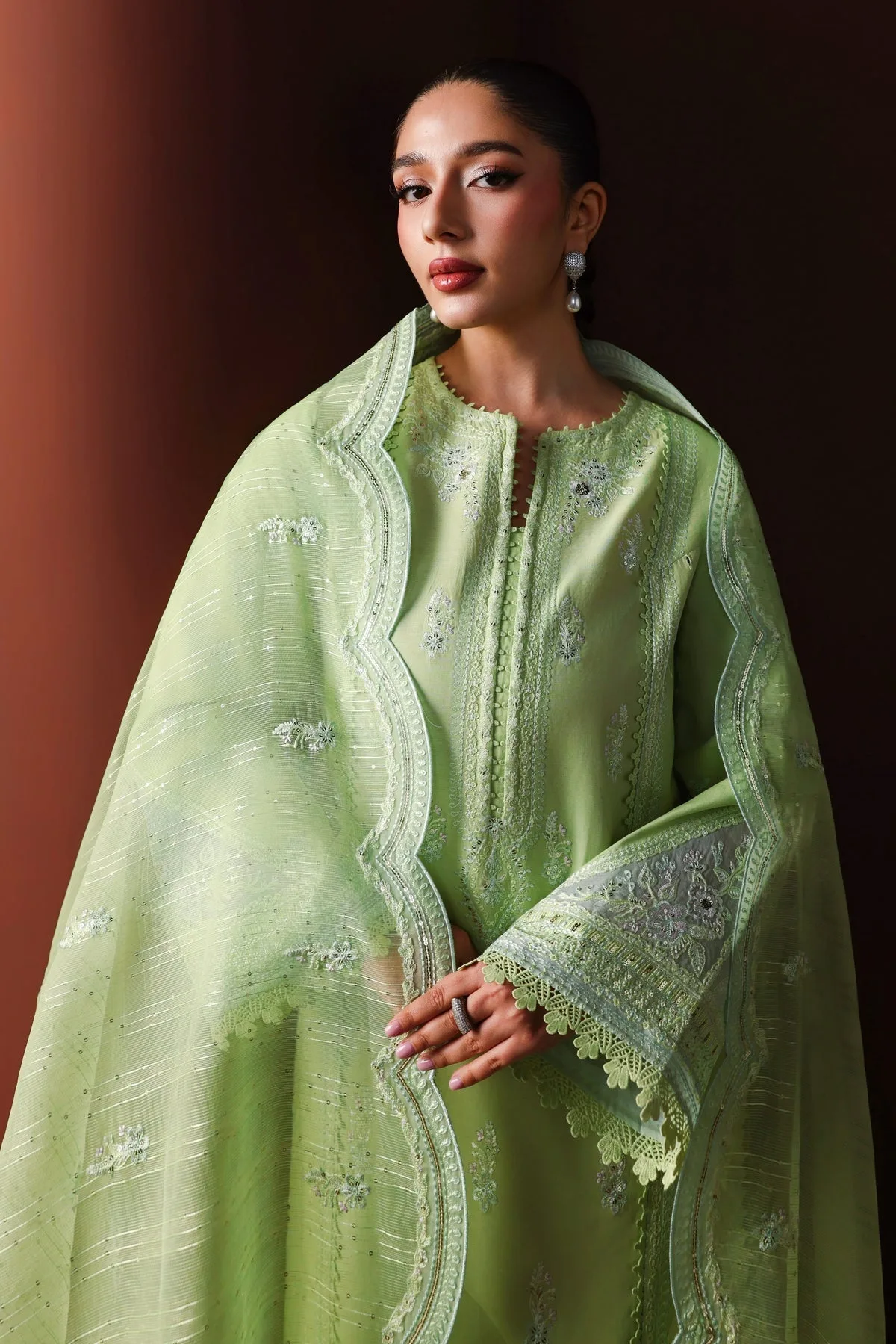 Apple green embroidered lawn shirt with organza dupatta – view 3 – Poshaq