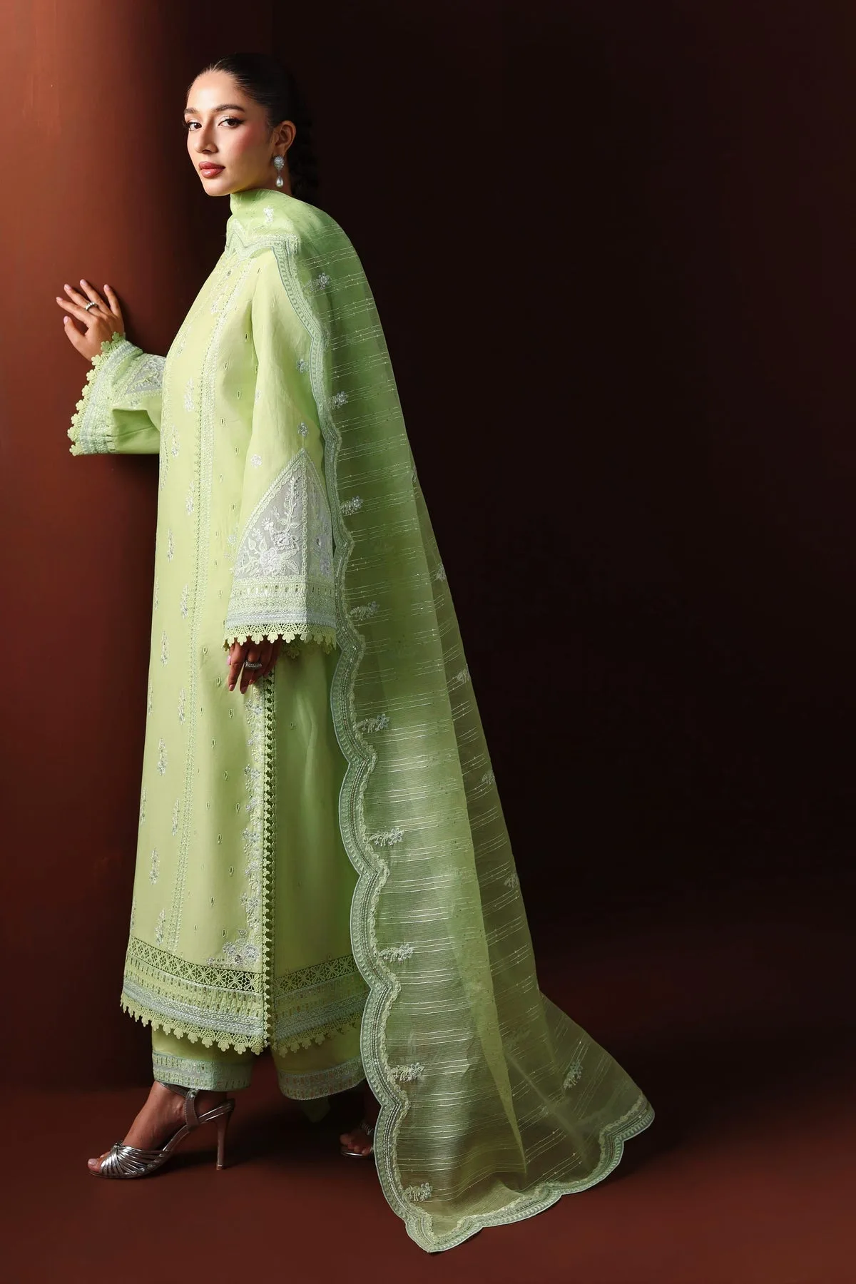 Apple green embroidered lawn shirt with organza dupatta – view 5 – Poshaq