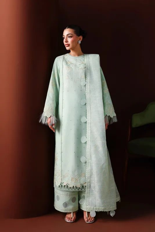 Mint long shirt with organza dupatta, elegant lawn blend – view 1 – Poshaq