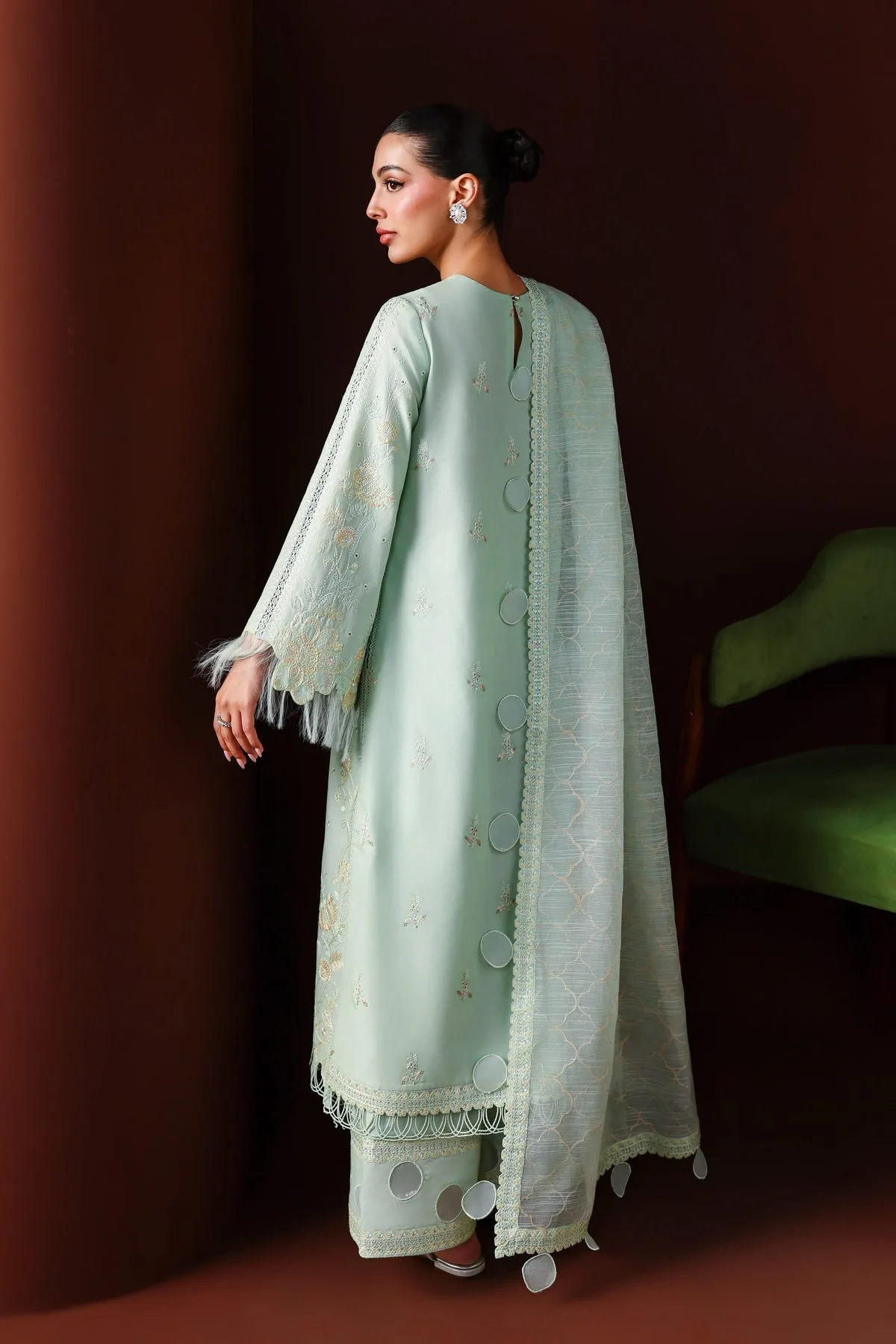 Mint long shirt with organza dupatta, elegant lawn blend – view 2 – Poshaq