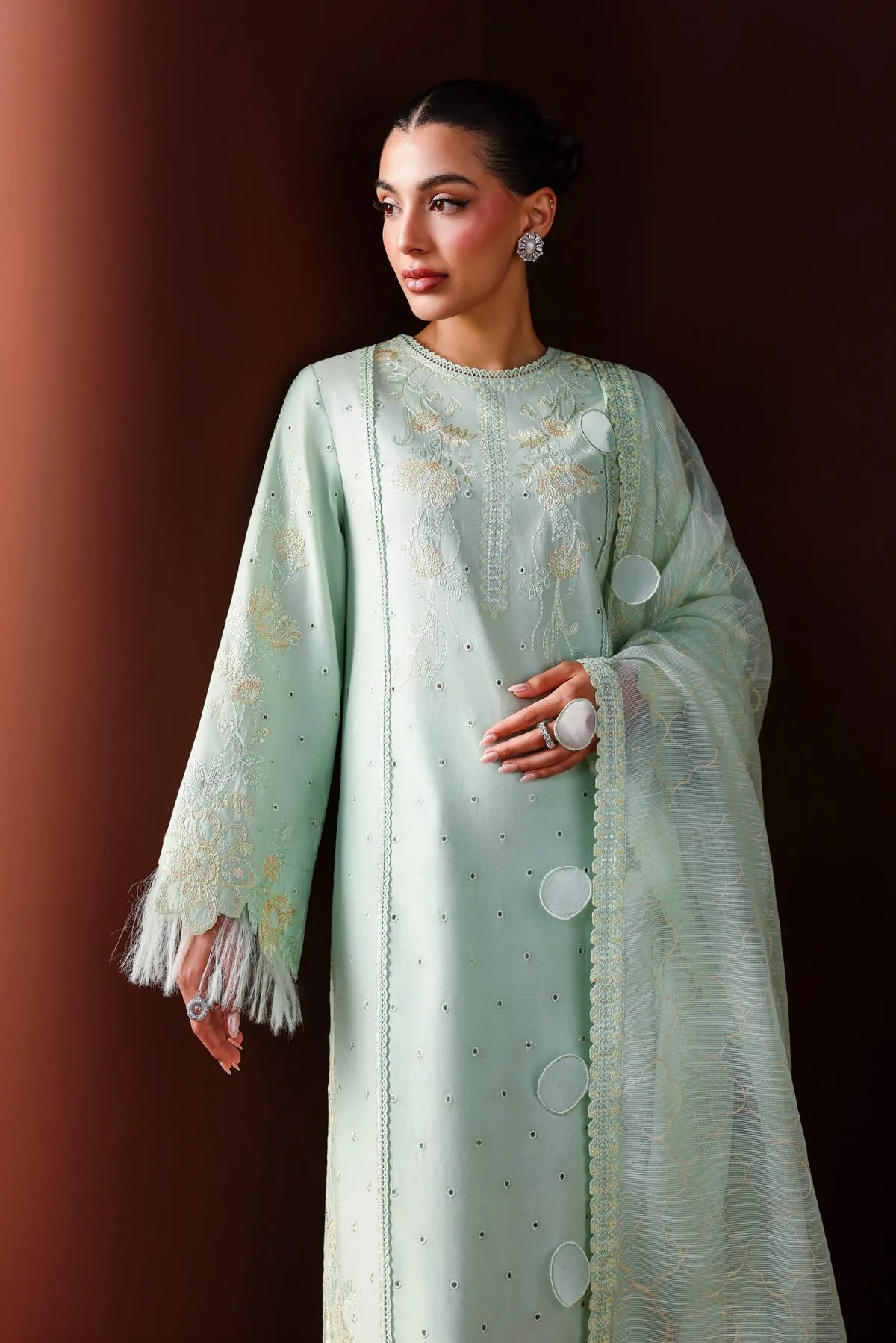 Mint long shirt with organza dupatta, elegant lawn blend – view 3 – Poshaq