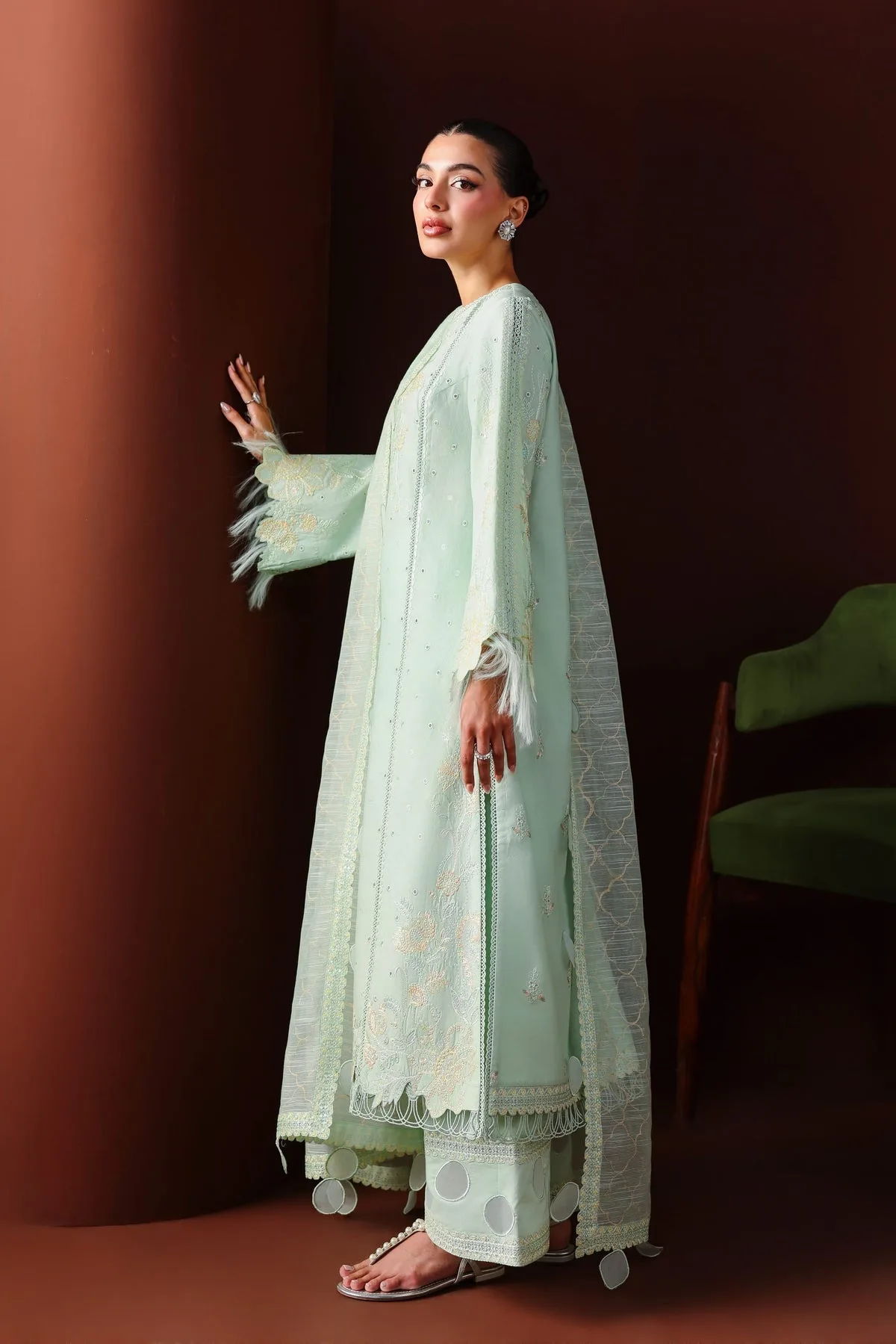 Mint long shirt with organza dupatta, elegant lawn blend – view 4 – Poshaq
